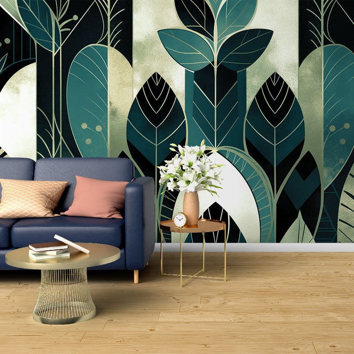Tapeta s listím | Geometrický art deco vodní zelená