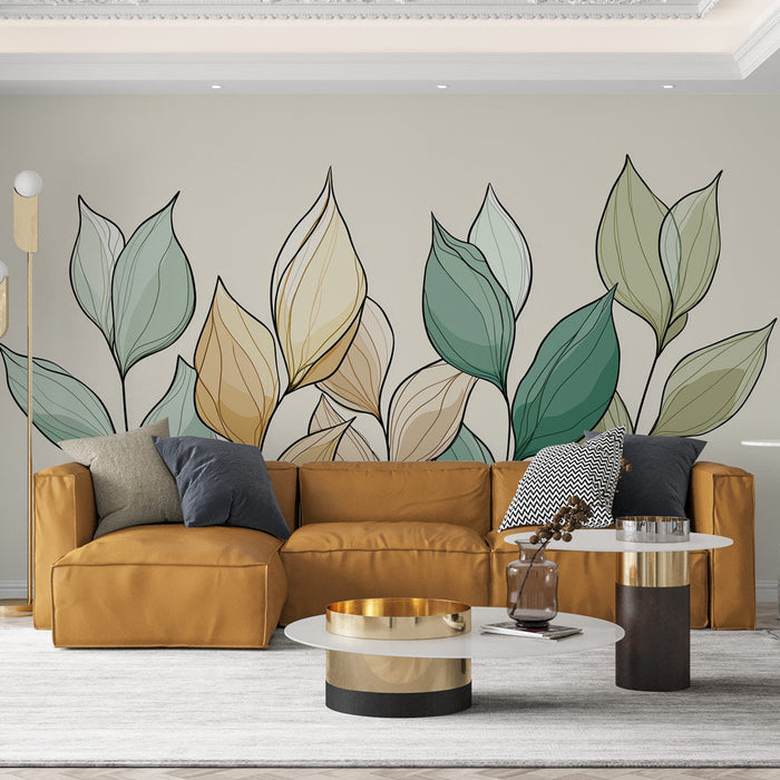 Papel pintado artístico de follaje | Hojas delicadas con tonos variados sobre un fondo claro