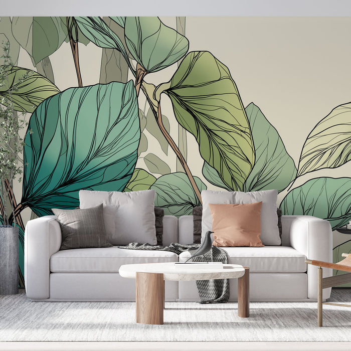 Tapet mural cu frunziș artistic | O combinație elegantă de frunze verzi și acvatice pe un fundal crem.