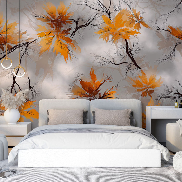 Autumn foliage mural wallpaper | Orange leaf patterns and elegant branches