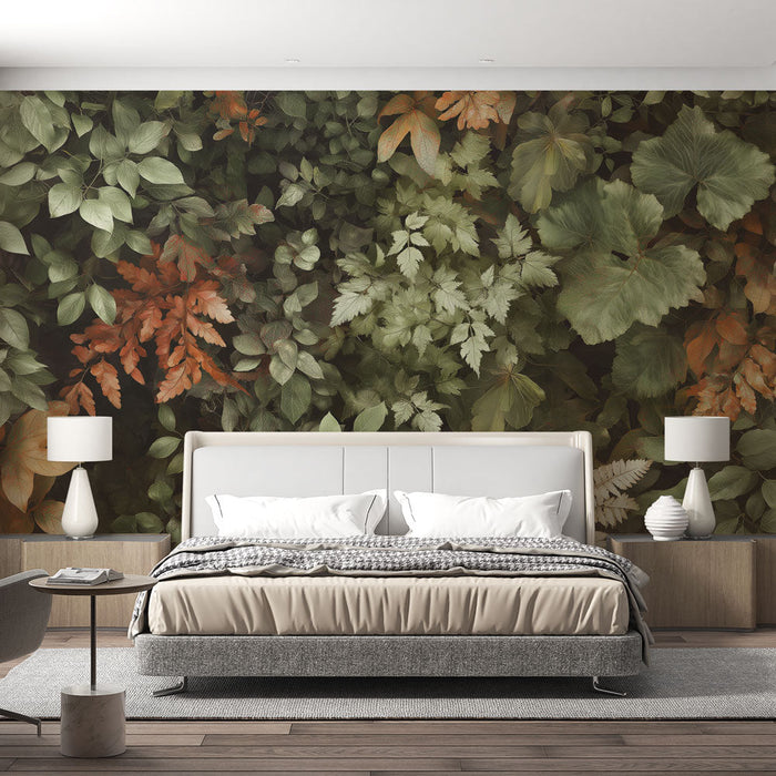 Mural Wallpaper autumn foliage | A mix of green and golden leaves