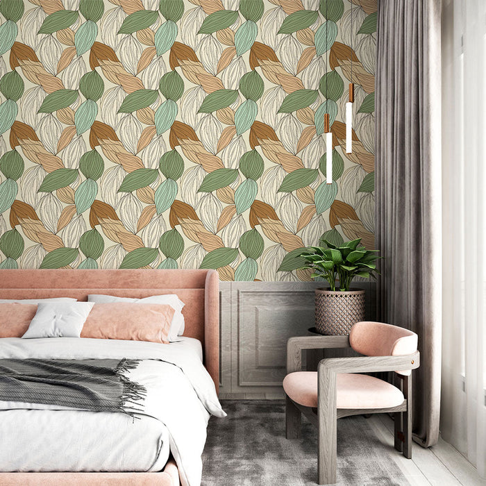 Tapeta s listím v přírodních tónech | Vzor listů v jemných a texturovaných odstínech