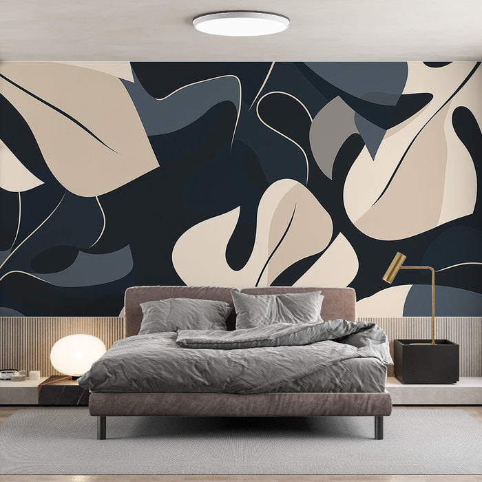 Mural Wallpaper beige and blue foliage | Giant Monsteras