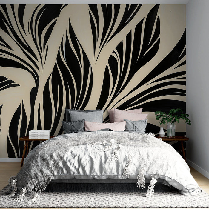 Mural Wallpaper beige and black foliage | Close-up leaf