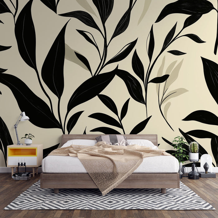 Mural Tapet beige and black foliage | Pencil style