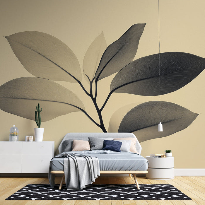 Mural Wallpaper beige foliage | Leaves under the magnifying glass