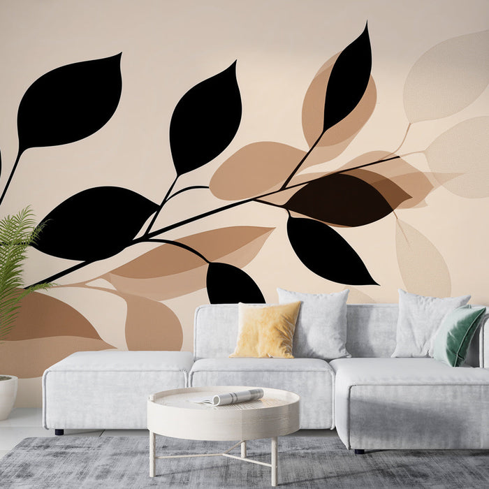 Tapetti beige foliage | Mustat lehdet kontrastissa