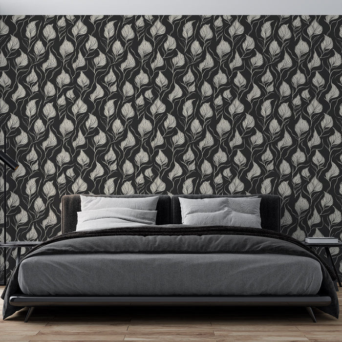 Fototapet hvid og sort løv | Bladmønster på en mørk baggrund