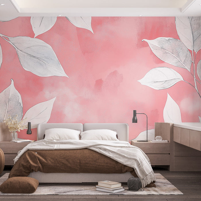 Fototapet hvidt løv | Delikate blade på lyserød baggrund