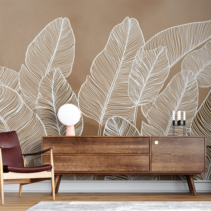 Papel de parede mural folhagem branca | Folhas estilizadas em fundo terracota