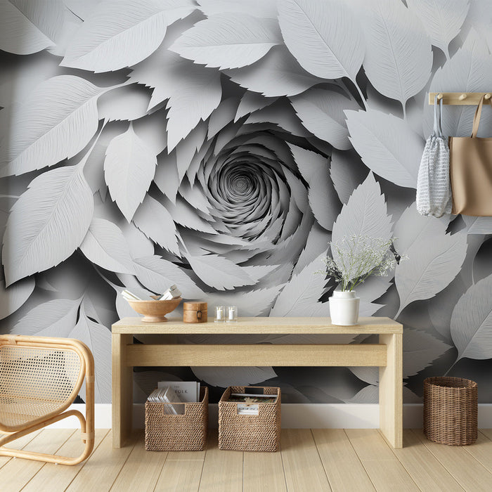 Papel pintado follaje blanco | Colgante ondulante de hojas blancas en relieve