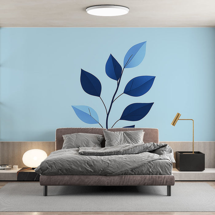 Mural Wallpaper blue foliage | Elegant branches and stylized leaves