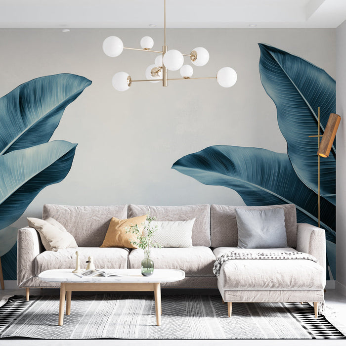 Ταπετσαρία τοιχογραφίας με φύλλωμα σε μπλε-πράσινο | Λεπτά και κομψά φύλλα σε ανοιχτό φόντο