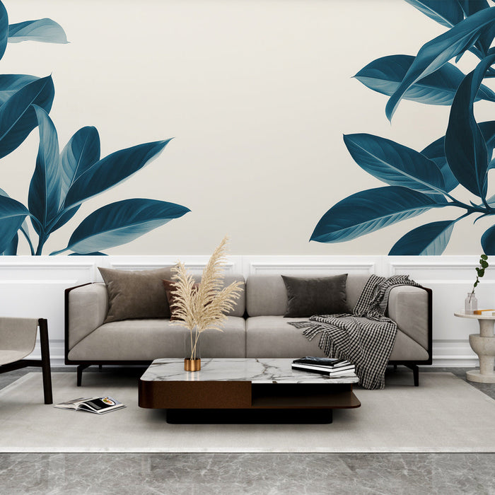 Muraaltapeet sinakasroheline lehestik | Stiilsed lehed heledal taustal