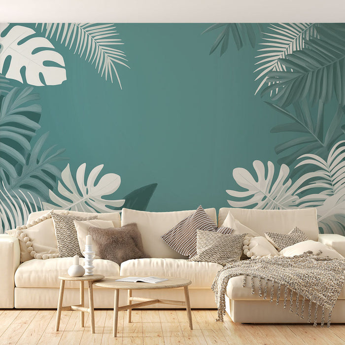 Muraaltapeet sinakasroheline lehestik | Valged troopilised lehed sinakasrohelisel taustal