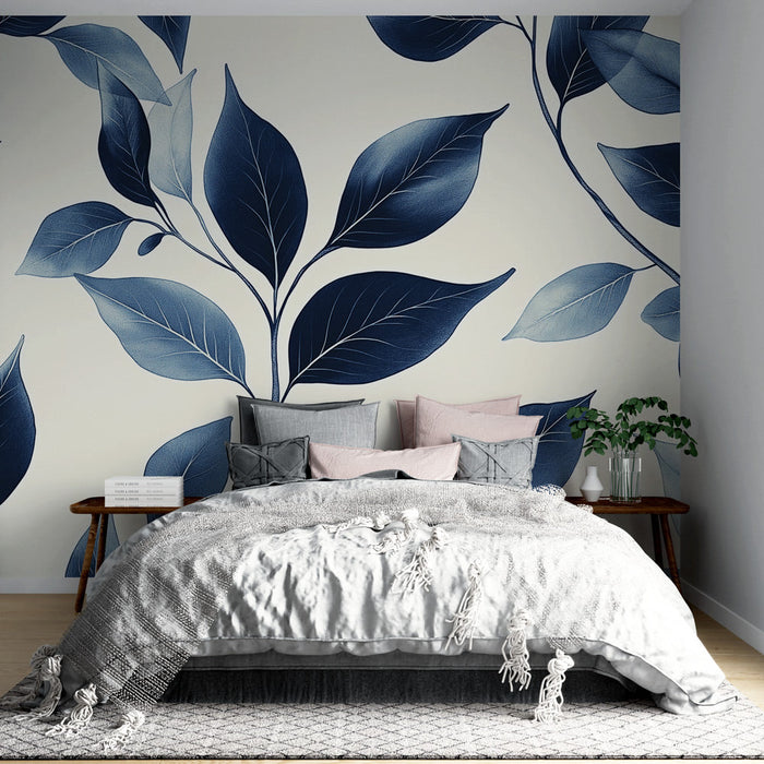 Foto Behang blauw gebladerte | Elegante bladeren op een crèmekleurige achtergrond