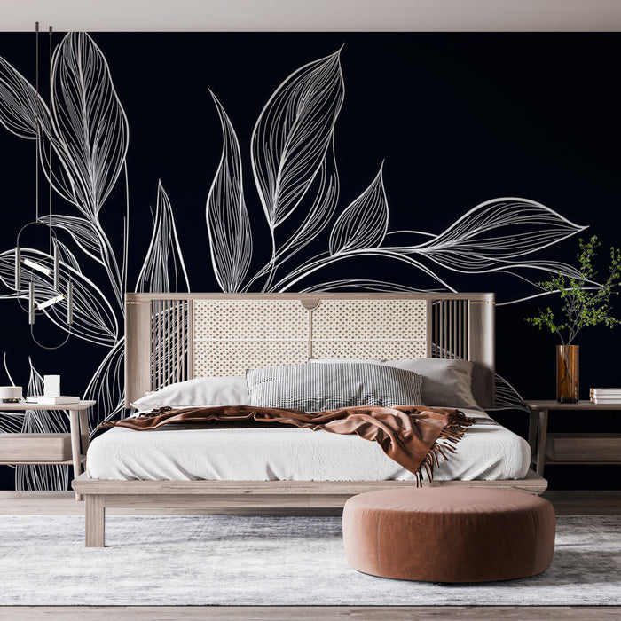 Mural Wallpaper blue and white foliage | Dark blue and white lines