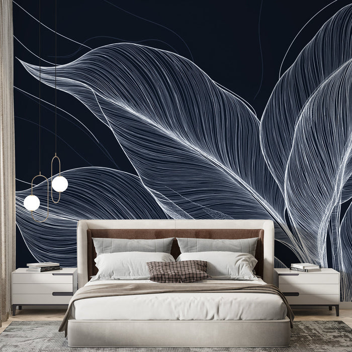 Mural Wallpaper blå og hvit løvverk | Stor art deco blader