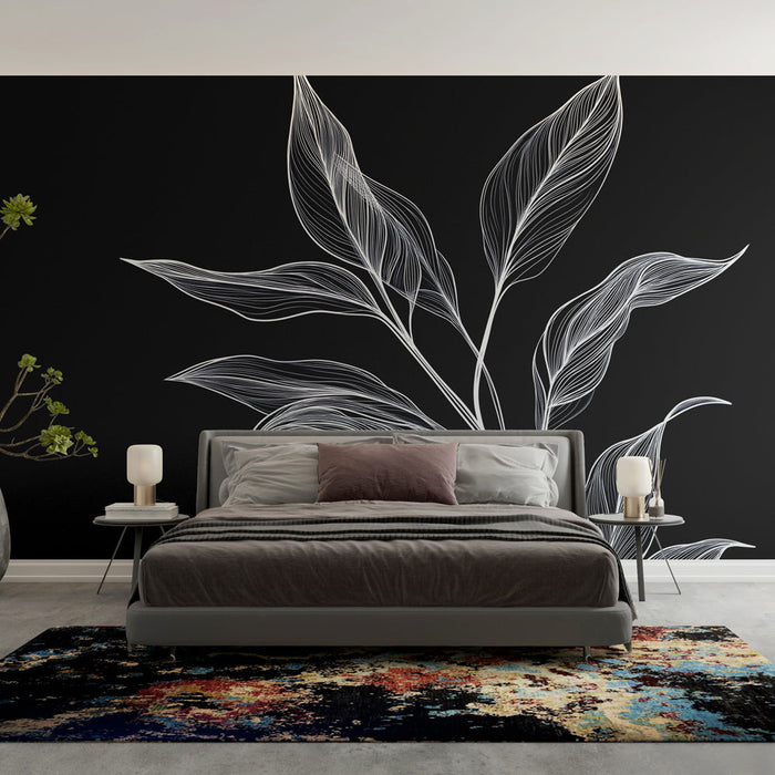 Mural Wallpaper blue and white foliage | Magnificent foliage on dark blue background