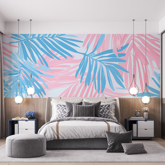 Blue and pink foliage mural wallpaper | Stylized palm leaves and tropical ambiance