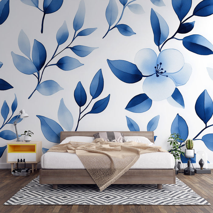 Blue foliage mural wallpaper | Blue watercolor leaves on white background