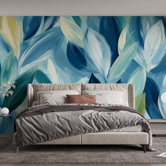 Mural Wallpaper blue foliage | Leaves in various shades and soothing background