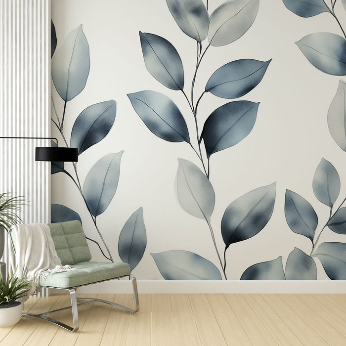 Mural Wallpaper blue foliage | Delicate leaves and light background