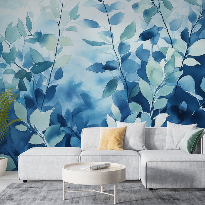 Mural Wallpaper blue foliage | Delicate leaves and soothing shades