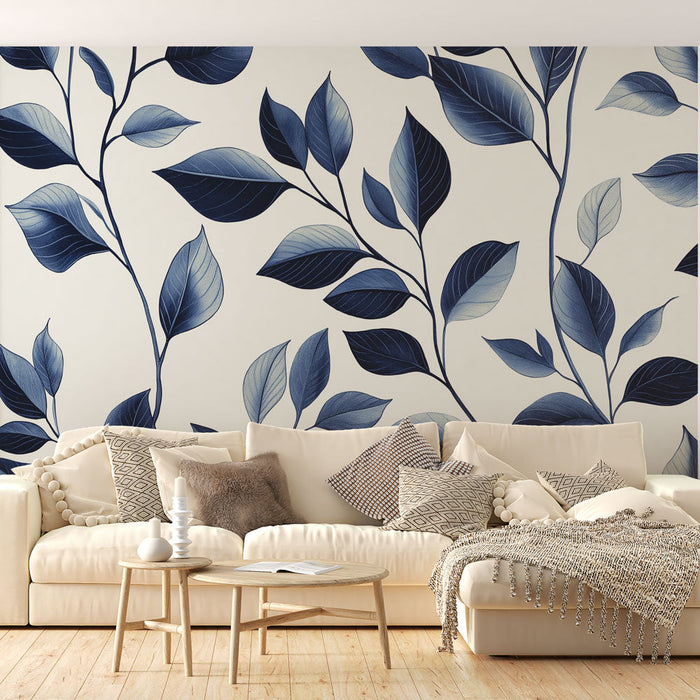 Mural Wallpaper blue foliage | Delicate leaves on a light background