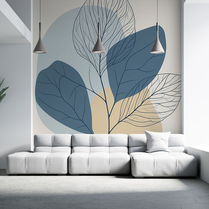 Mural Wallpaper blue foliage | Delicate leaves on soft background