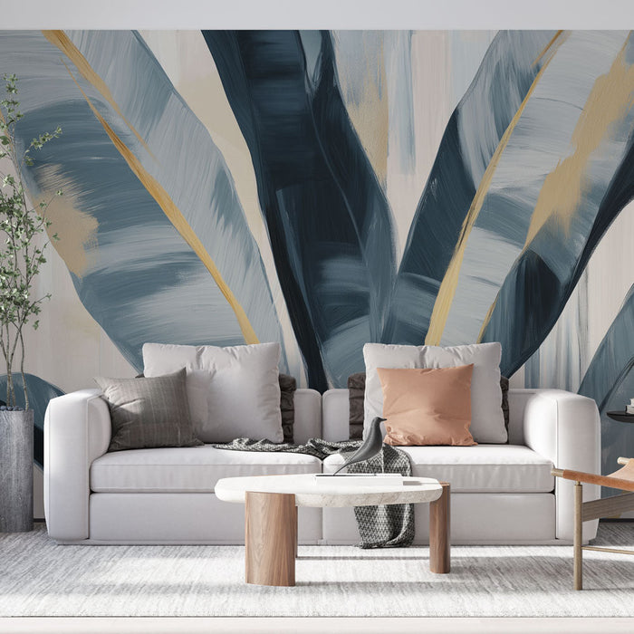 Mural Wallpaper blå løvverk | Elegante blader med gyldne berøringer