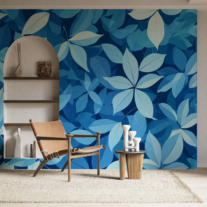 Mural Wallpaper blå løvverk | Elegante blader og mørk bakgrunn