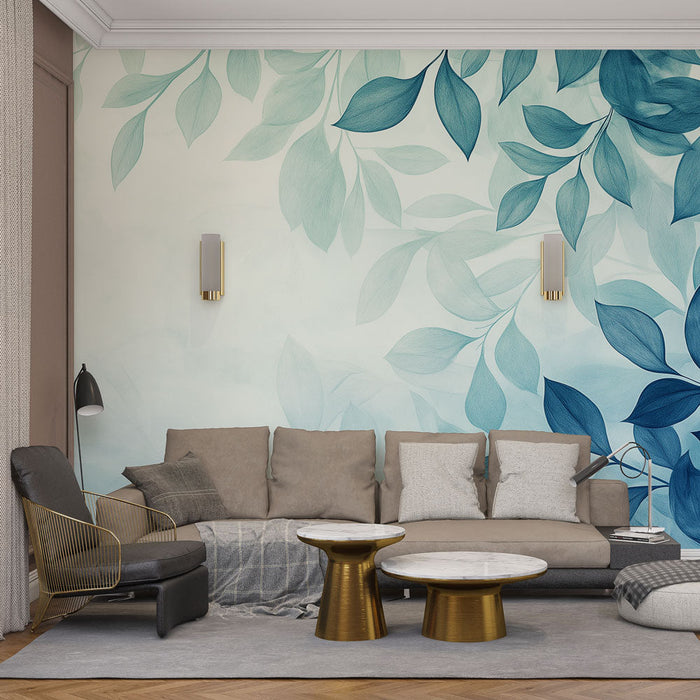 Mural Wallpaper blue foliage | Elegant leaves on aquatic background