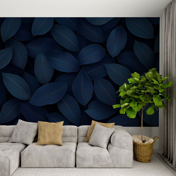 Mural Wallpaper blue foliage | Elegant leaves on dark background