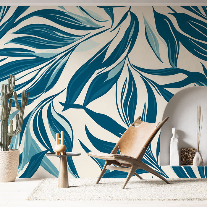 Mural Wallpaper blue foliage | Fluid and elegant leaves on a light background