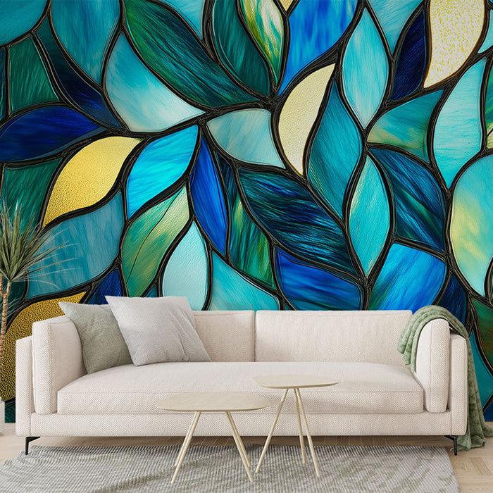 Mural Wallpaper blue foliage | Waving leaves with aquatic shades