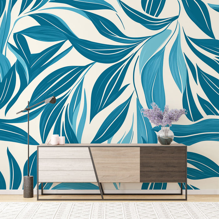 Mural Wallpaper sinine lehestik | Stiliseeritud lehed hele taust