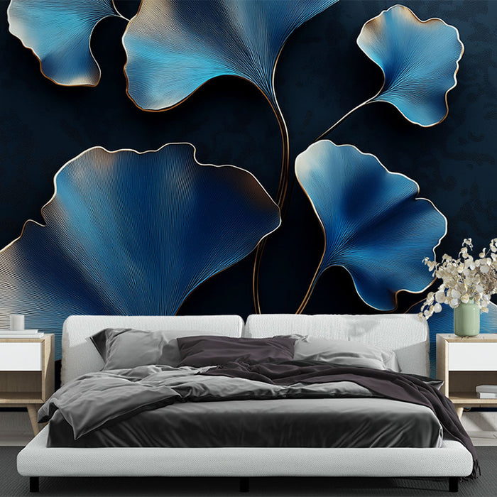 Mural Wallpaper blue foliage | Stylized leaves on dark background