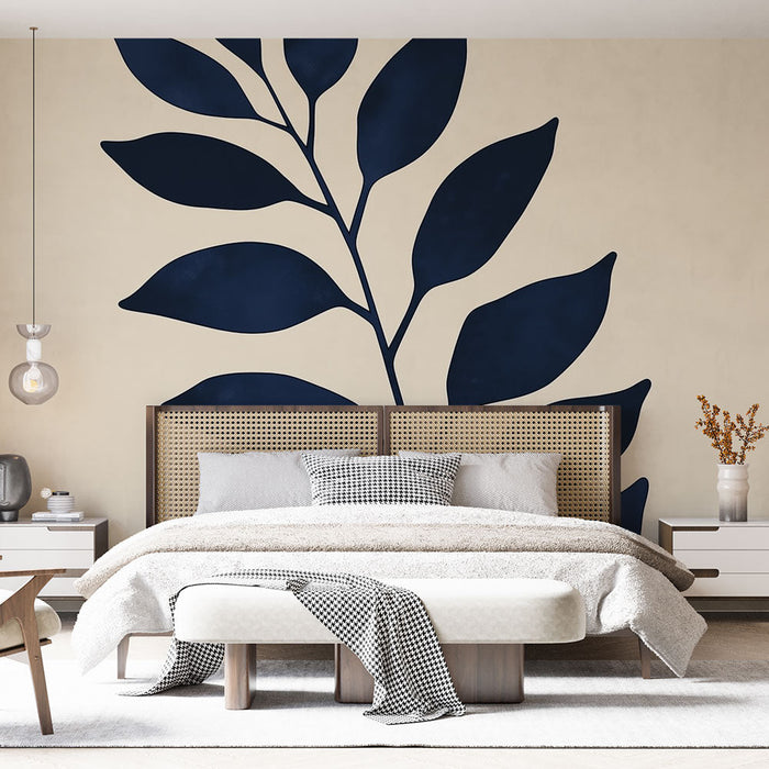 Mural Wallpaper blå løvverk | Store marineblå blader og beige bakgrunn