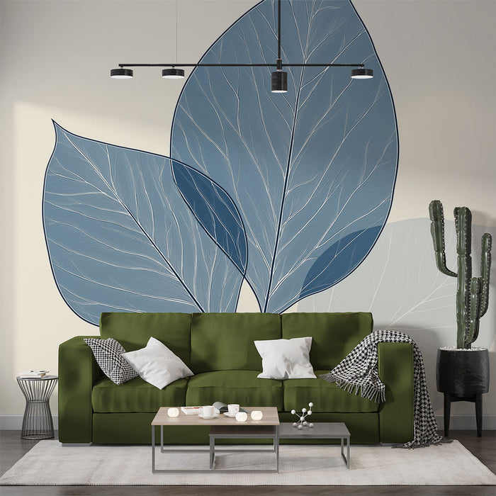 Mural Wallpaper blue foliage | Large delicate leaves and soft background