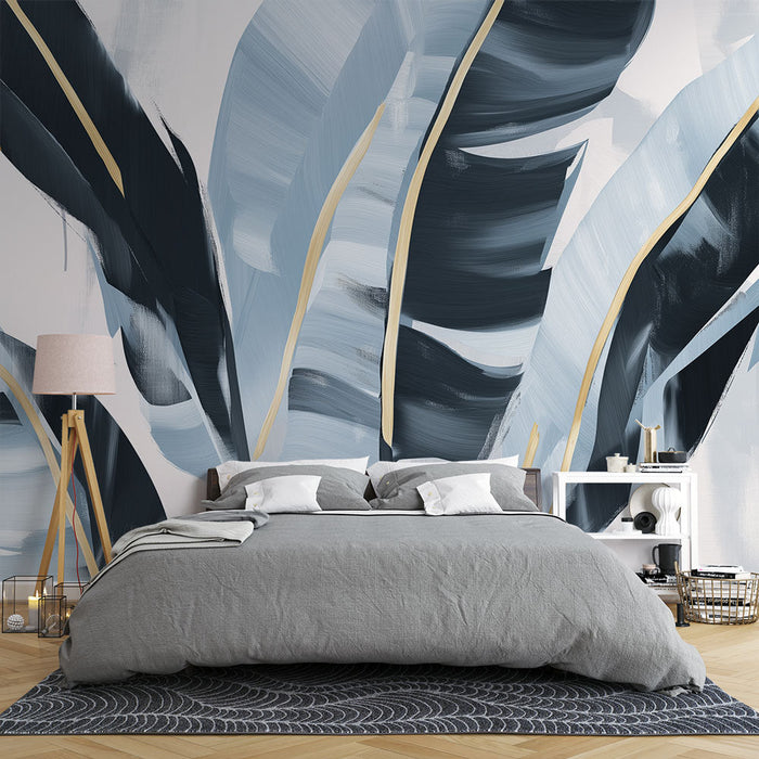 Mural Wallpaper blue foliage | Elegant large leaves and golden touches