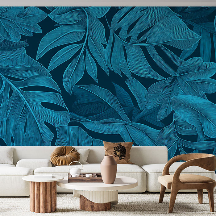 Mural Wallpaper blue foliage | Large leaves and dark background