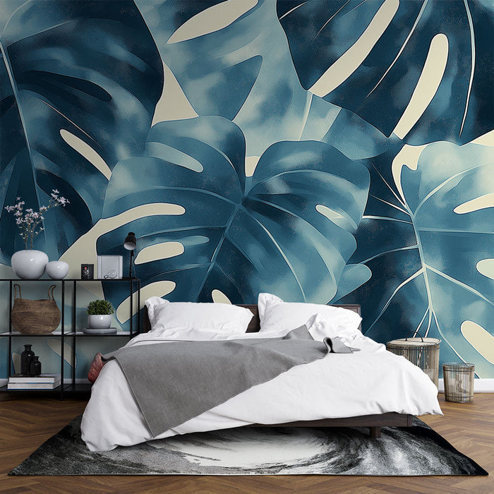 Mural Wallpaper blue foliage | Large tropical leaves on light background