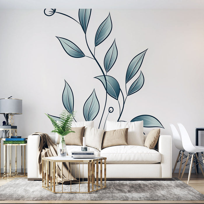 Mural Wallpaper sinine lehestik | Elegantsete lehtede õrnad illustratsioonid