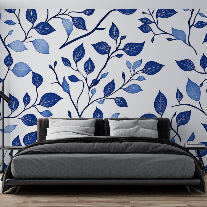 Papel pintado blue foliage | Patrón delicado con tonos frescos y fondo blanco