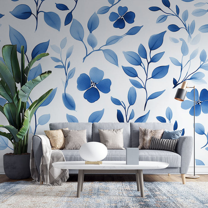 Mural Wallpaper blue foliage | Watercolor leaf patterns on white background