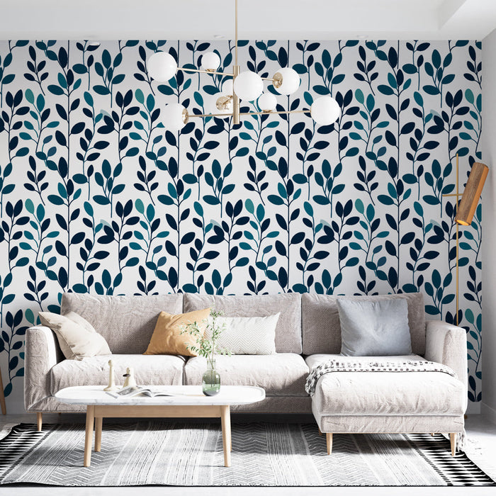 Tapet cu frunze albastre | Modele stilizate de frunze în nuanțe de albastru pe un fundal alb