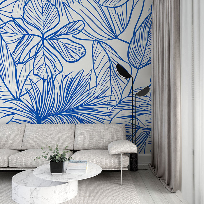 Mural Wallpaper blue foliage | Stylized leaf patterns on a light background