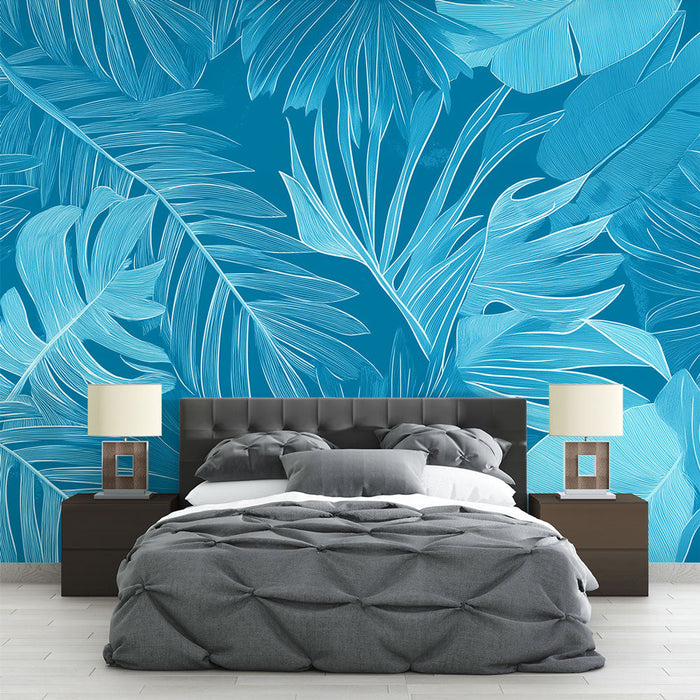 Mural Wallpaper blue foliage | Elegant tropical patterns on turquoise background