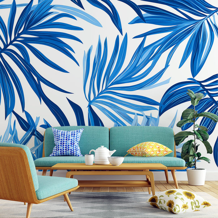 Mural Wallpaper blue foliage | Tropical palms on white background